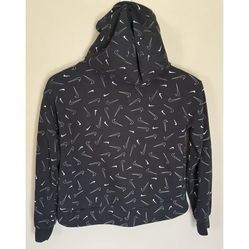 Nike Hoodie Youth Large Black Swoosh Pullover Sweatshirt All Over Print